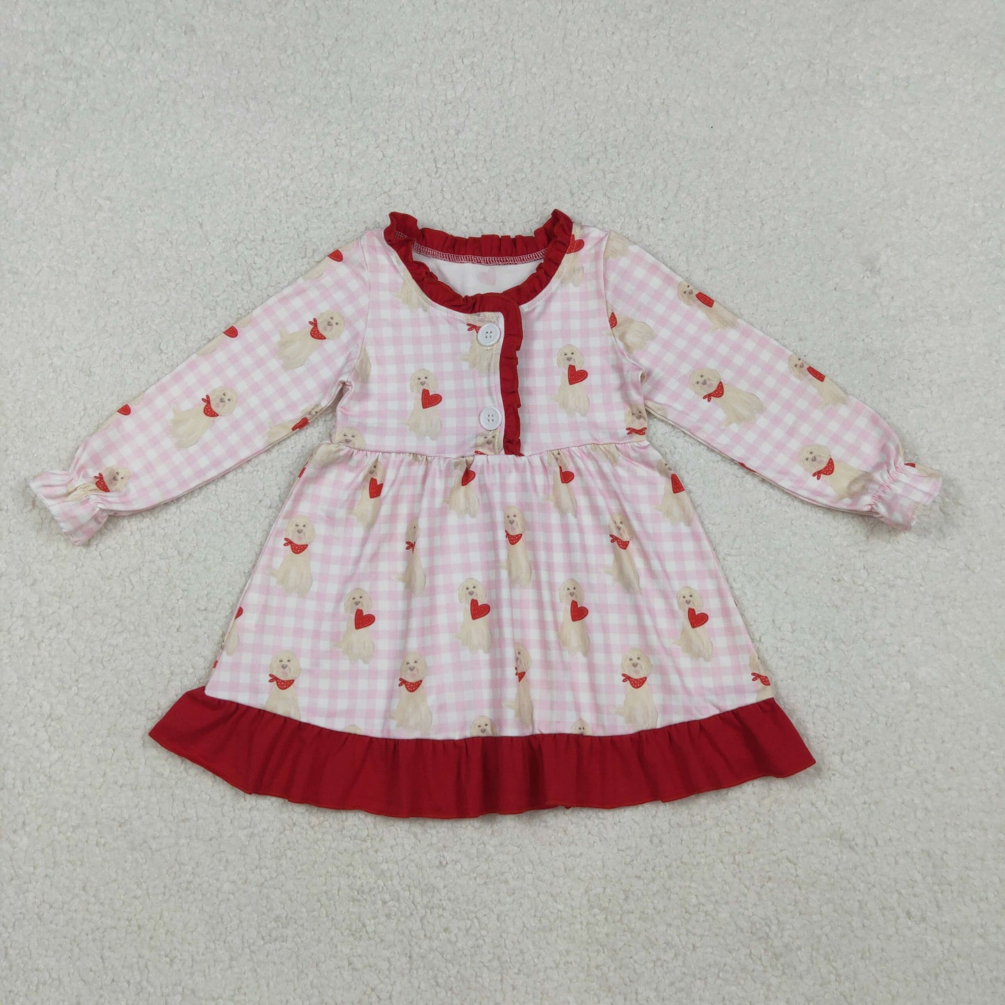 GLD1322 Baby Girls Pink Checked Dogs Hearts Button Ruffle Valentine Knee Length Dress C10.20
