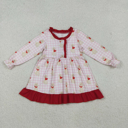 GLD1322 Baby Girls Pink Checked Dogs Hearts Button Ruffle Valentine Knee Length Dress C10.20