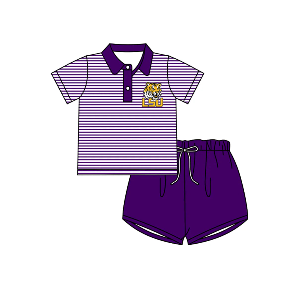 4.14 Custom Baby Boys Purple Stripe Short Sleeves Button Tiger LSU Top Short Set(MOQ 3)