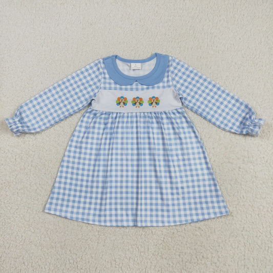 GLD1070 Baby Girls Blue Long Sleeves Plaid Turkey Ruffle Knee Length Dress 8.5