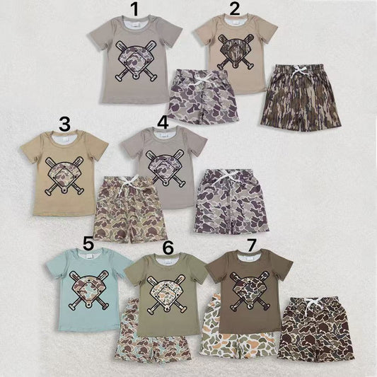 Sibling Baby Boys Short Sleeve Camo Baseballs Top Pockets Shorts Team Clothes Sets C11.25