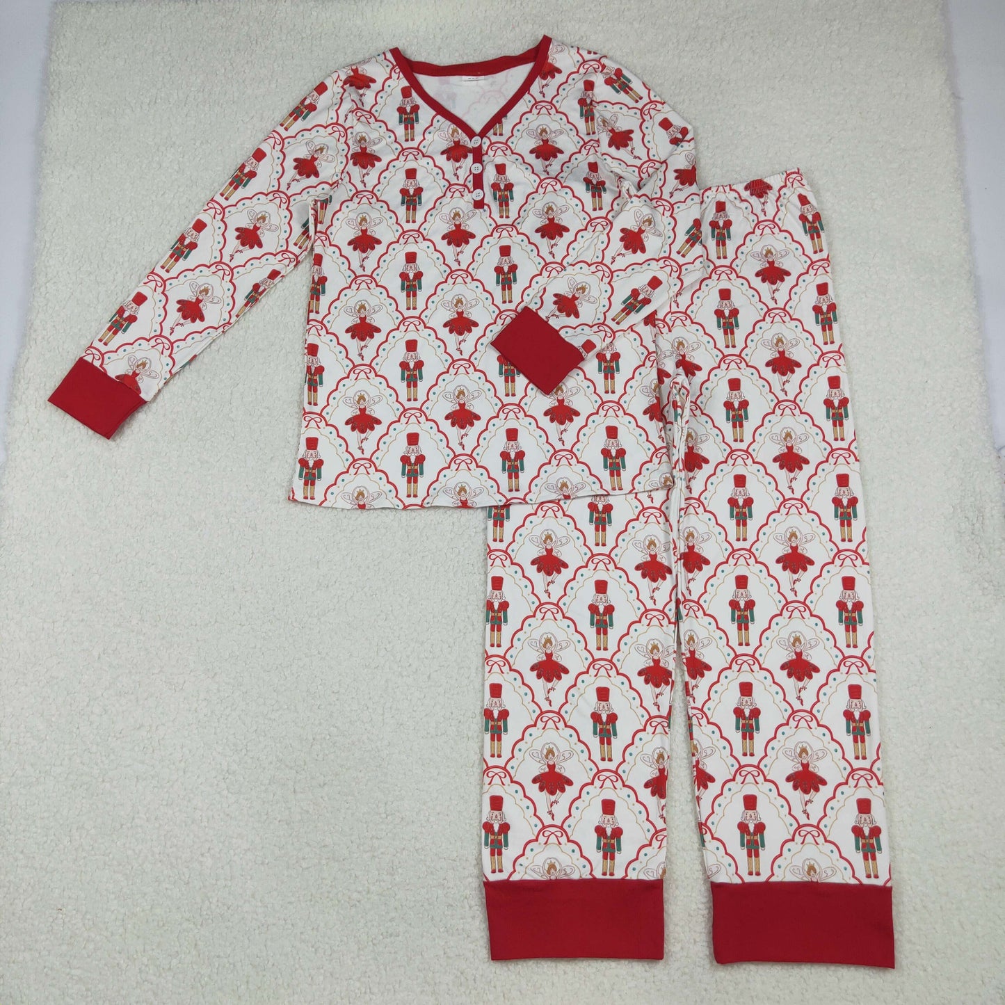 GLP2816 Adult Women Red Bows Soldiers Plaid Top Pant Christmas Pajamas Set C10.10