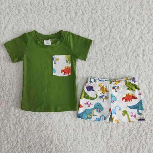 A16-12 Boy's pocket short sleeve, dinosaur shorts suit