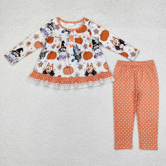 GLP1651 Cartoon dog Halloween pumpkin flower candy polka dot Orange lace long sleeve pants suit