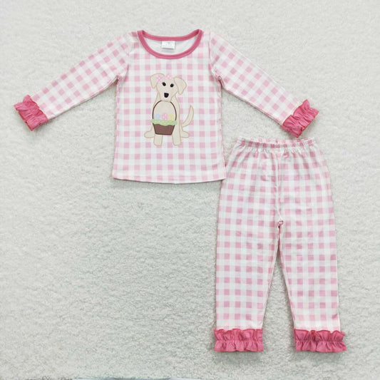 GLP1036 Easter Egg Basket Puppy Pink Plaid Lace Long Sleeve Pants Suit