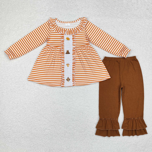 GLP1435 Baby Girls Orange Thanksgiving Turkey Tunic Ruffle Pants Clothes Set