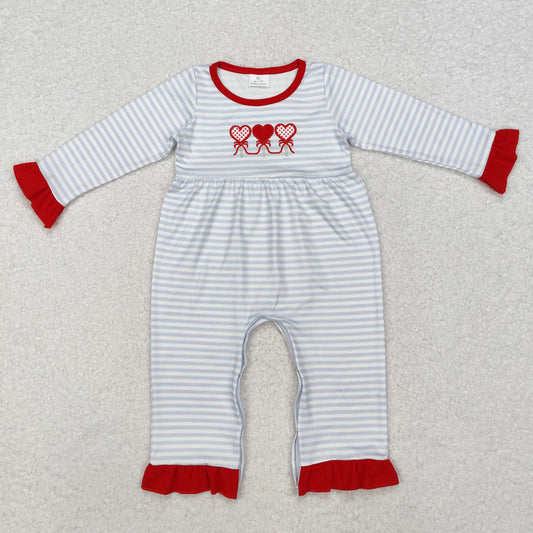 LR1925 Baby Infant Girls Embroidery Valentines Grey Stripes Hearts Romper