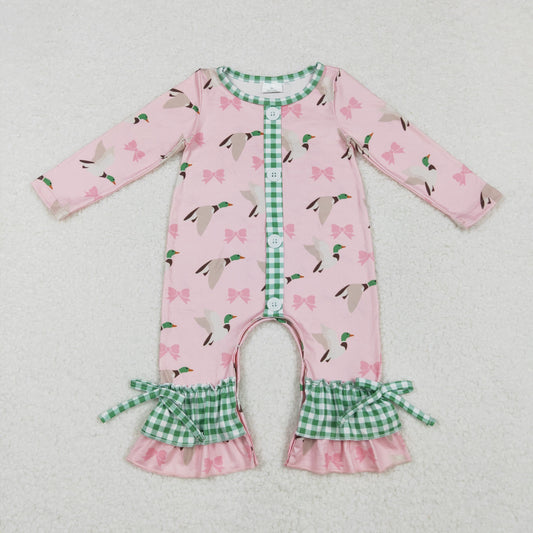 LR1689 Baby Infant Girls Pink Mallard Ducks Buttons Bows Romper