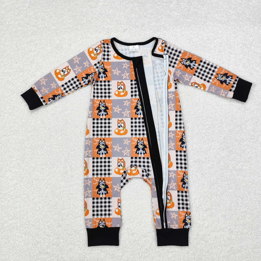 LR1484 Cartoon dog checkered Halloween zip-up long-sleeved onesie