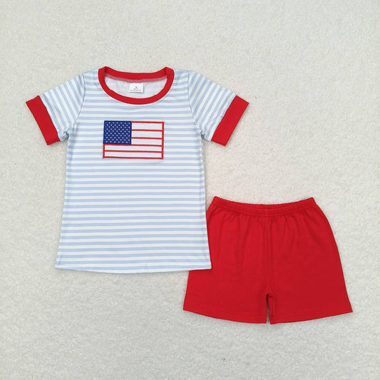 BSSO0684 4th of July Embroidered flag blue striped short-sleeved red shorts set