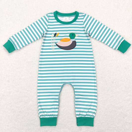 LR0834 Embroidered Duck Green White striped long sleeve onesie