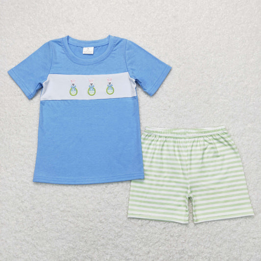 BSSO0398 Embroidered Bow Easter Egg Rabbit Blue Short Sleeve Green and White Striped Shorts Suit