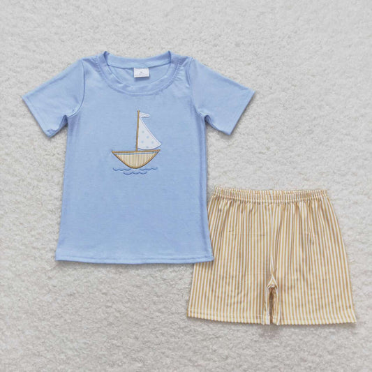 BSSO0602 Embroidered sailboat blue short sleeve yellow striped shorts set