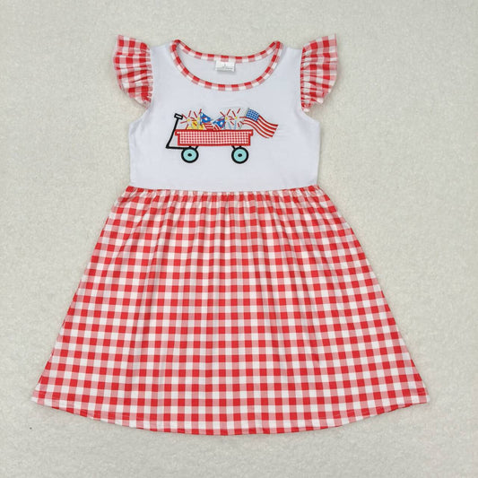 GSD0843 4th of July Embroidery fireworks flag cart red plaid flying sleeve dress