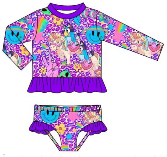 Girls cartoon purple. swimsuit two-piece