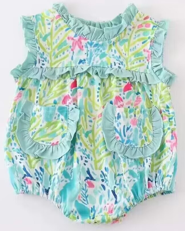 Girls pattern teal lace pocket sleeveless onesie