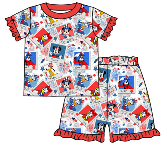 Girls July 4th cartoon fireworks blue short-sleeved shorts set