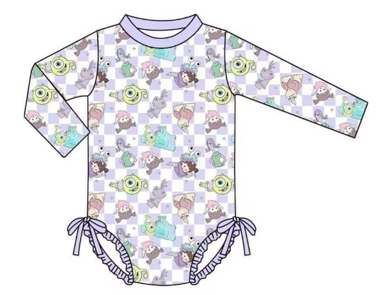 Girls plaid cartoon purple swimsuit