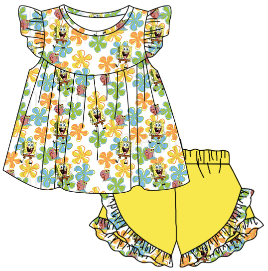 Cartoon yellow short sleeve shorts suit for girls