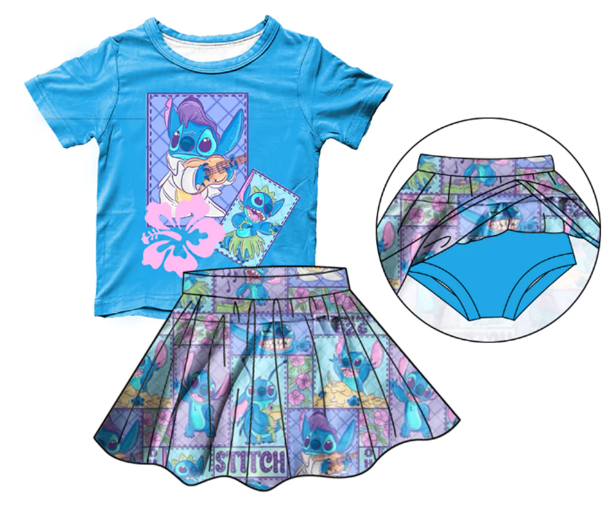 Girls cartoon blue short sleeve skirt suit