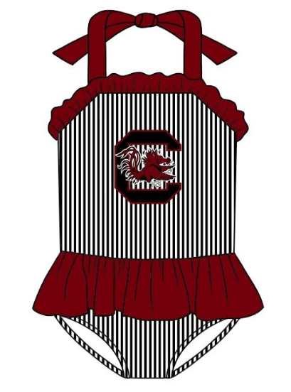 Girls' team custom striped dark red swimsuit