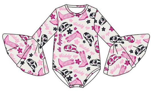 Girls western hat boots long sleeve onesie
