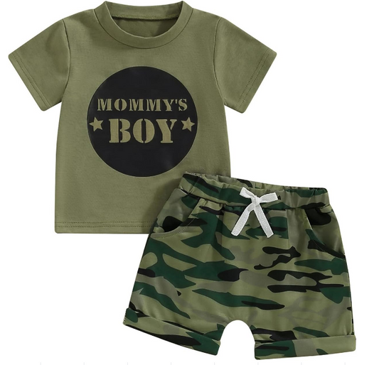 MOMMY'S BOY Army green short-sleeved top camo shorts suit for boys