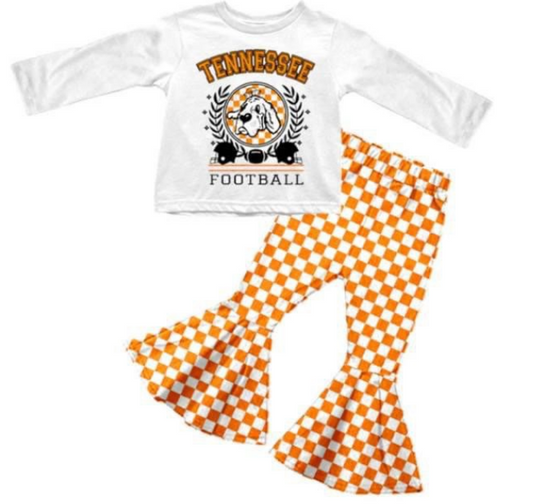 Girls custom team T orange and white chess plaid long sleeve pants suit