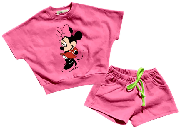 Girls' pink cartoon short-sleeved shorts suit