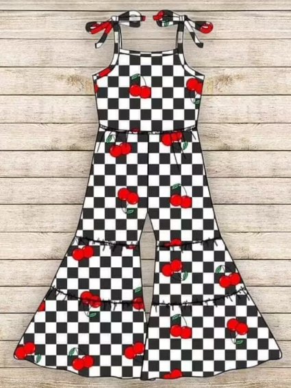 Black and white checked halter jumpsuit for girls