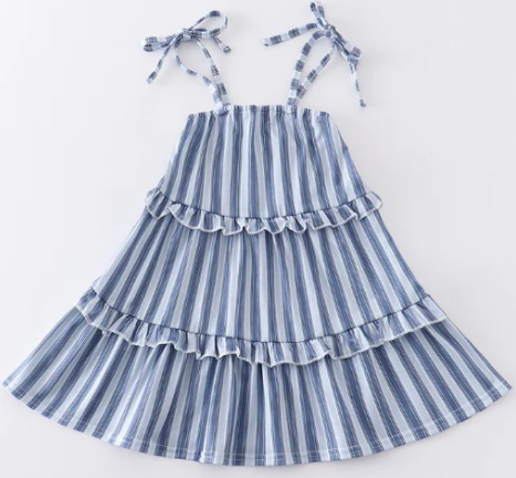 Girls' blue halter dress with striped lace