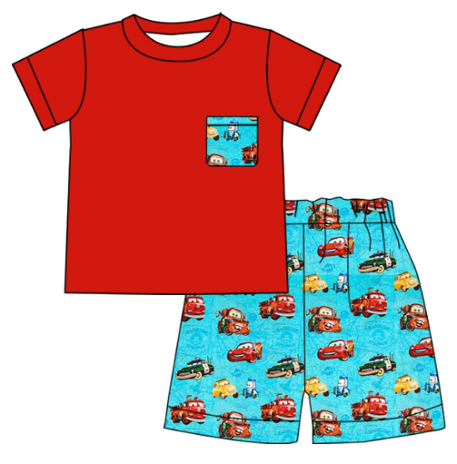 Girls cartoon car red short sleeve top blue shorts suit