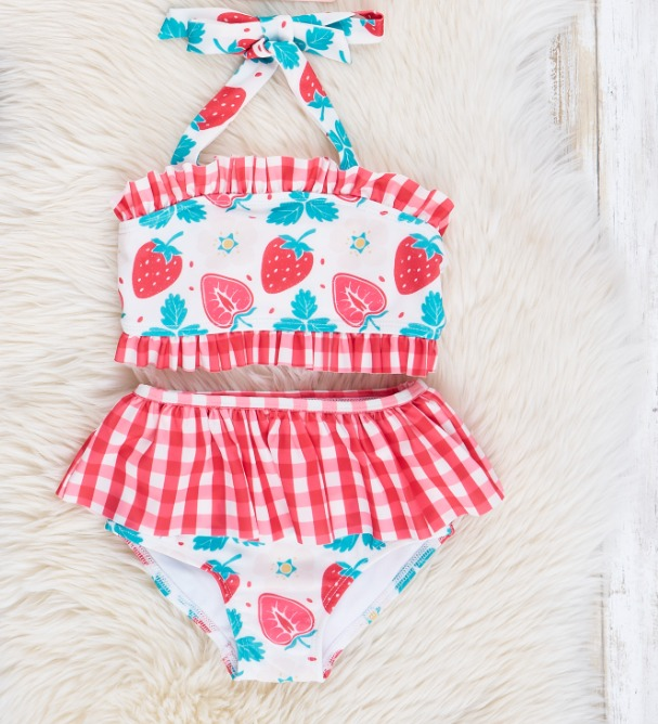 S0316 Strawberry red check lace bathing suit