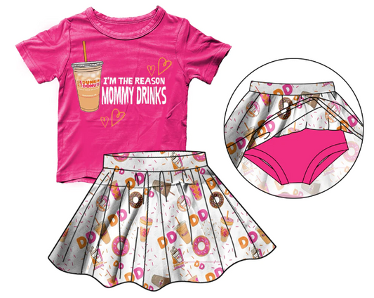 Pink milk tea donut short sleeve skirt suit for girls
