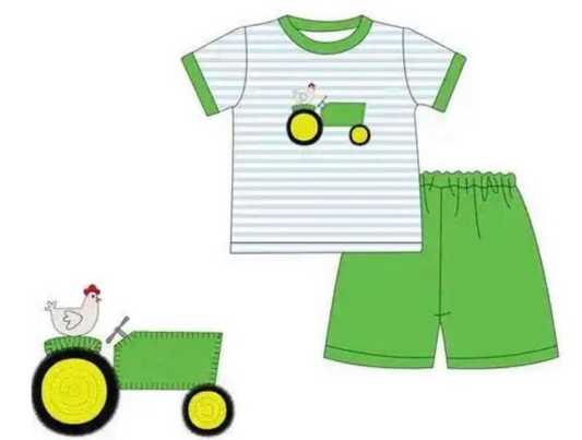 Boys Hen Trucks Striped Short Sleeve Green Shorts Outfit