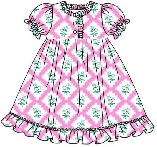 Girls flower pink diamond lace button-up short-sleeved dress