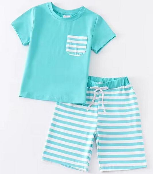 Blue short-sleeved top striped shorts suit for boys