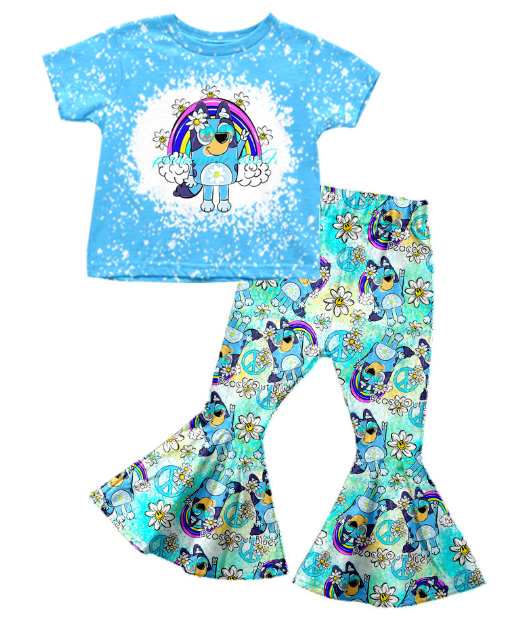 Girl Cartoon Dog Blue Short Sleeve Pants Suit