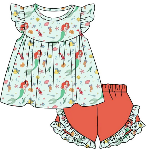 Girls cartoon shell fish green short-sleeved shorts set