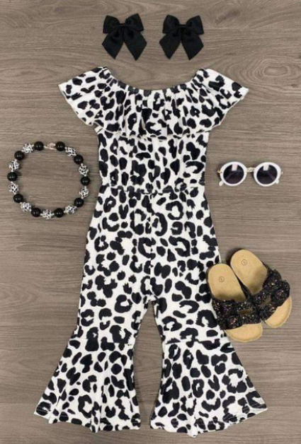Girls black and white leopard print jumpsuit
