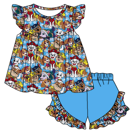 Girl cartoon dog blue short-sleeved shorts set
