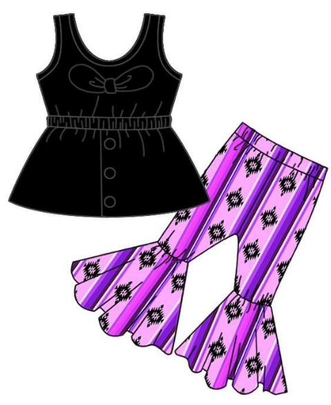 Girls black shoulder bow top purple flare trouser suit