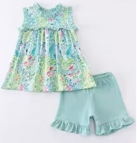 Girls Pattern Teal Lace Pocket Sleeveless Shorts Set