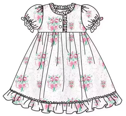 Girls floral white lace button-up short-sleeved dress