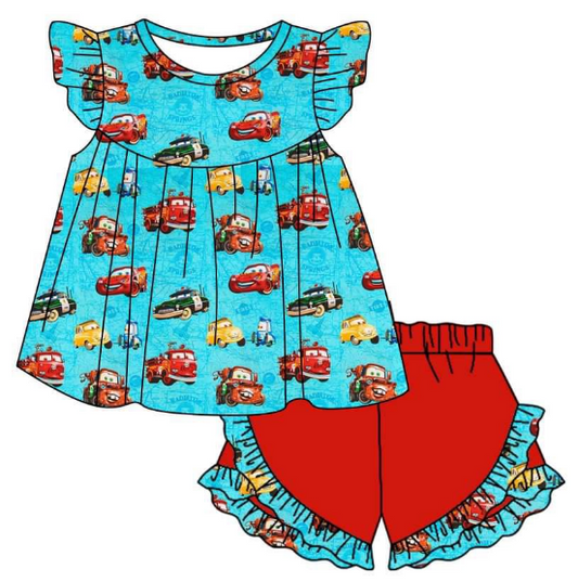 Girls cartoon car blue short sleeve top red shorts suit