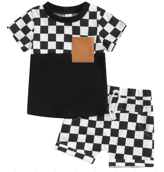 Black and white checkered short-sleeved shorts suit for boys
