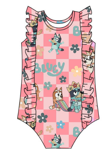 Two-piece pink plaid cartoon dog swimsuit for girls
