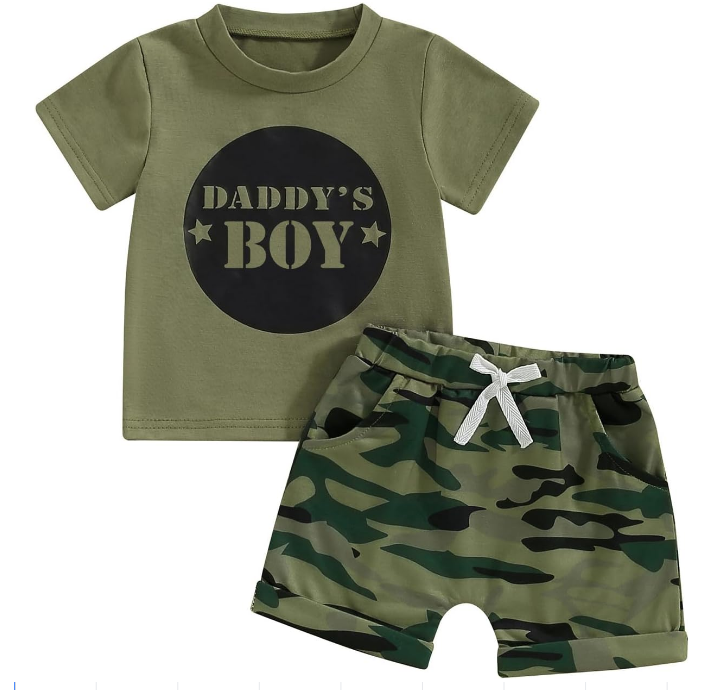 DADDY'S BOY Army green short-sleeved top camo shorts suit for boys