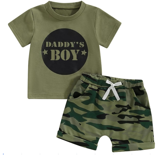 DADDY'S BOY Army green short-sleeved top camo shorts suit for boys