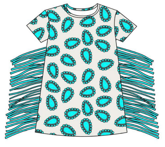 Gemstone fringe short-sleeved dress for girls